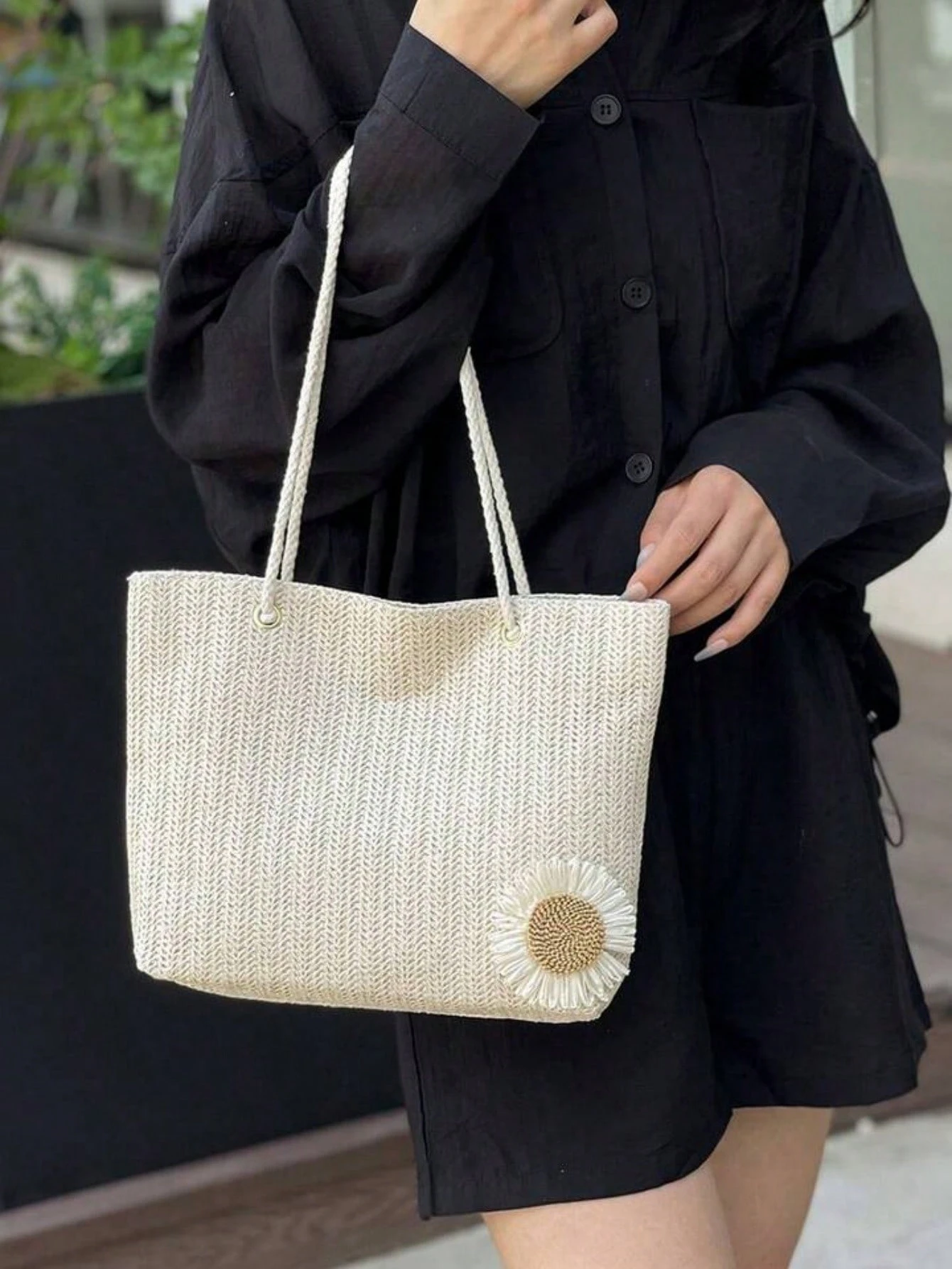 Livesso Bolso de mano tejido beige con decoración floral, estilo casual, adecuado para oficina, playa