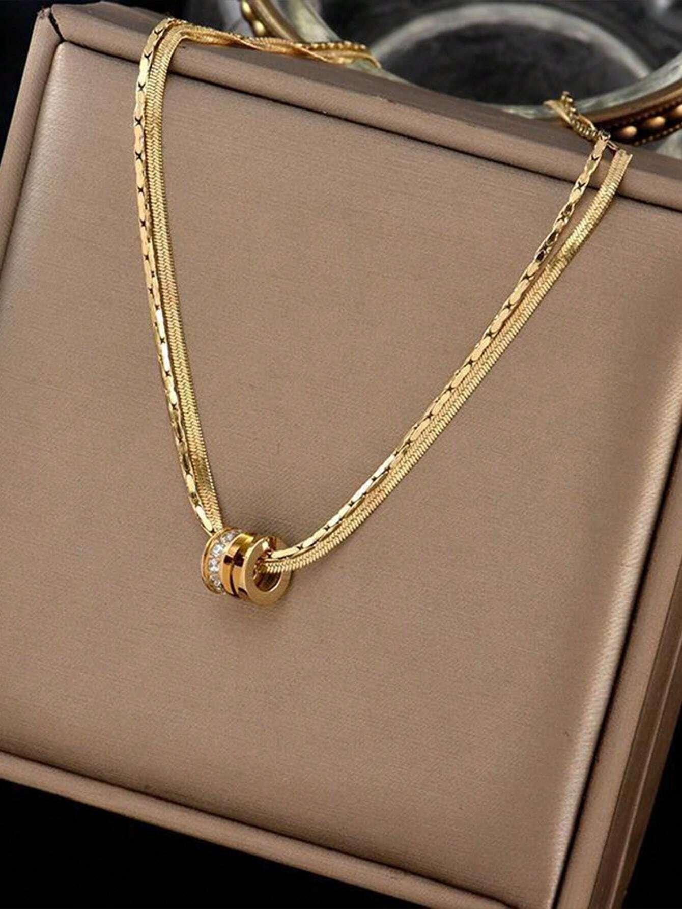 1 pieza Collar con colgante de acero inoxidable redondo con doble capa y circonita cúbica incrustada, adecuado para uso diario